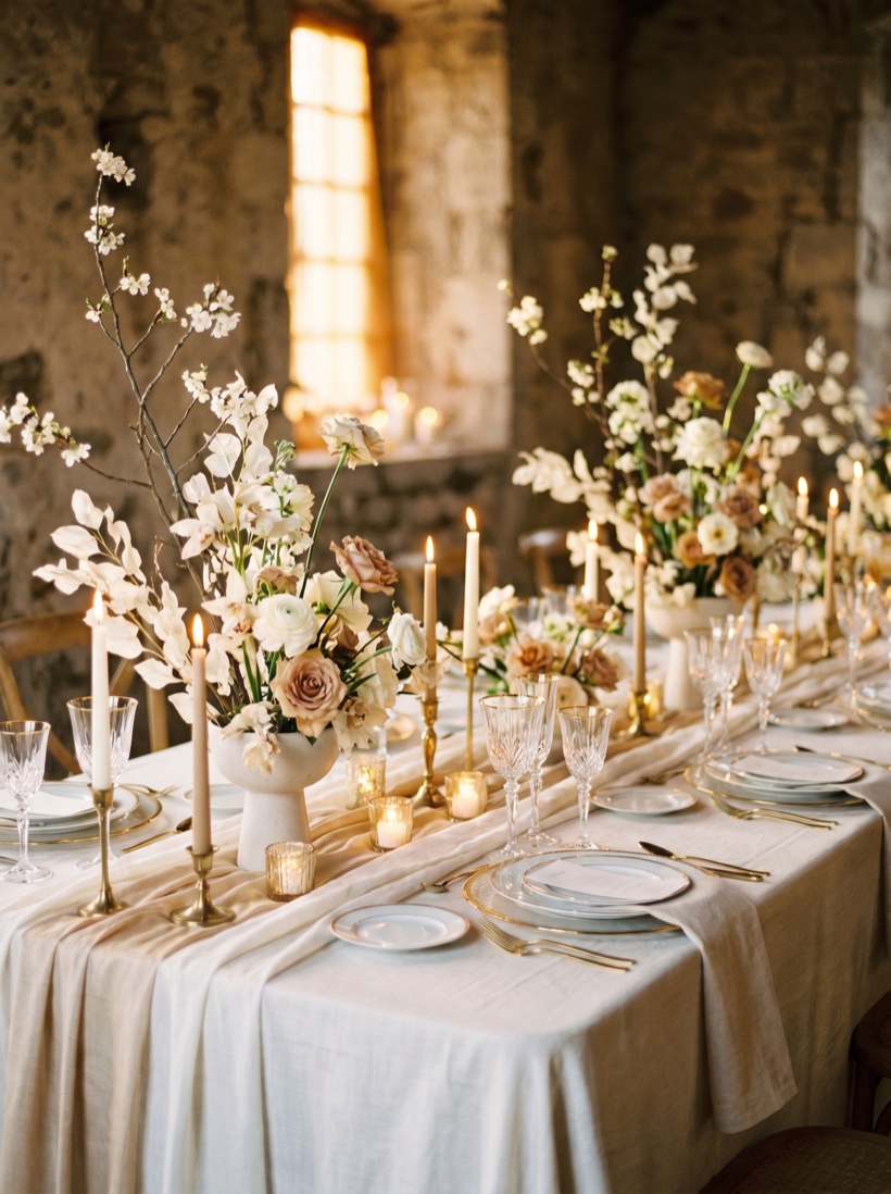 An immaculately styled event tablescape — layered linens, florals and candlelight, the signature of a planner's hand