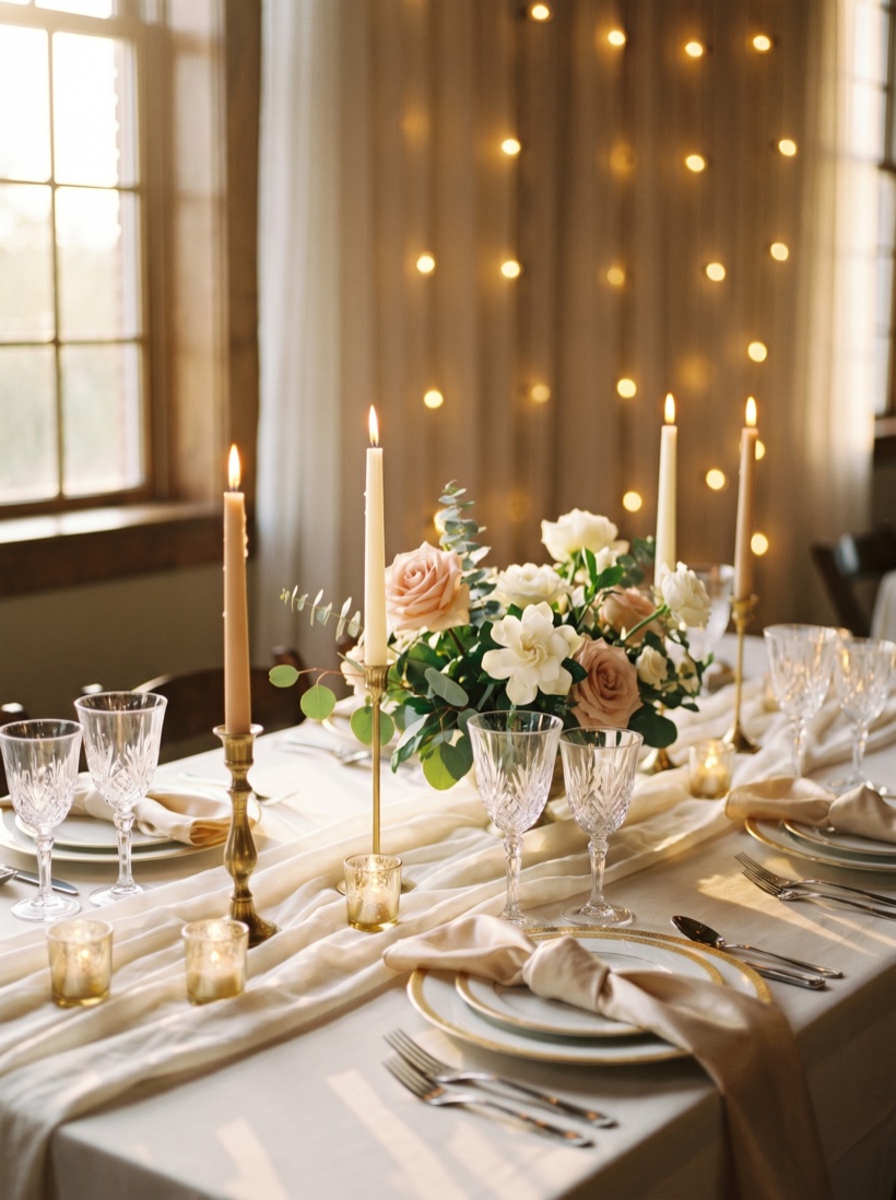A wedding table at golden hour — soft florals, candlelight, hanging lights and linen, generous negative space