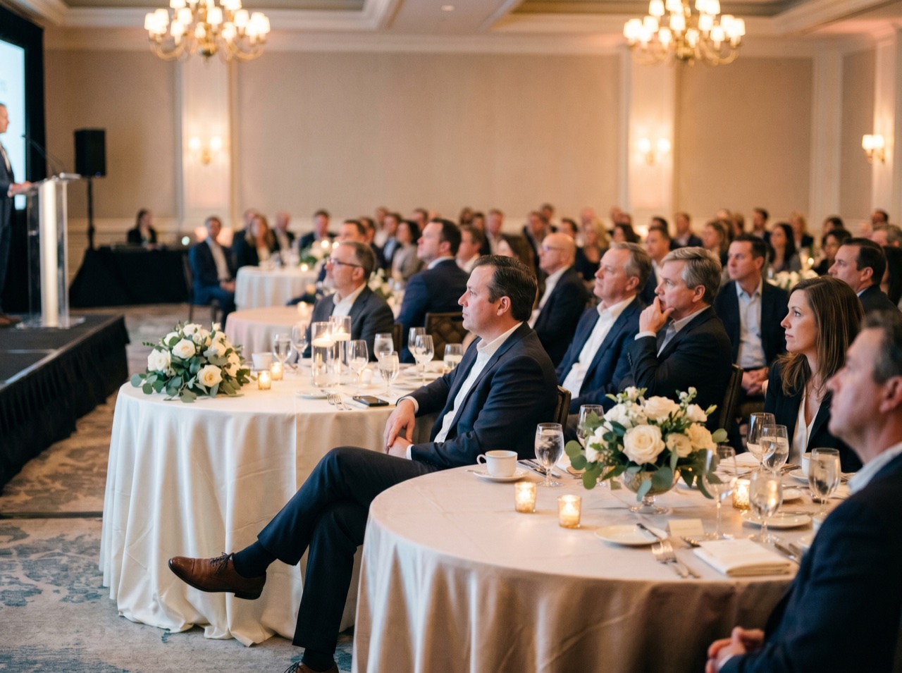 An attentive conference audience in dramatic stage light