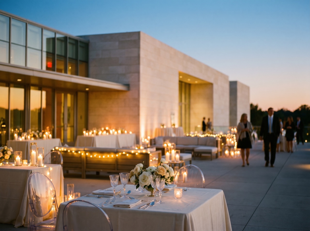 A conference venue exterior lit at dusk