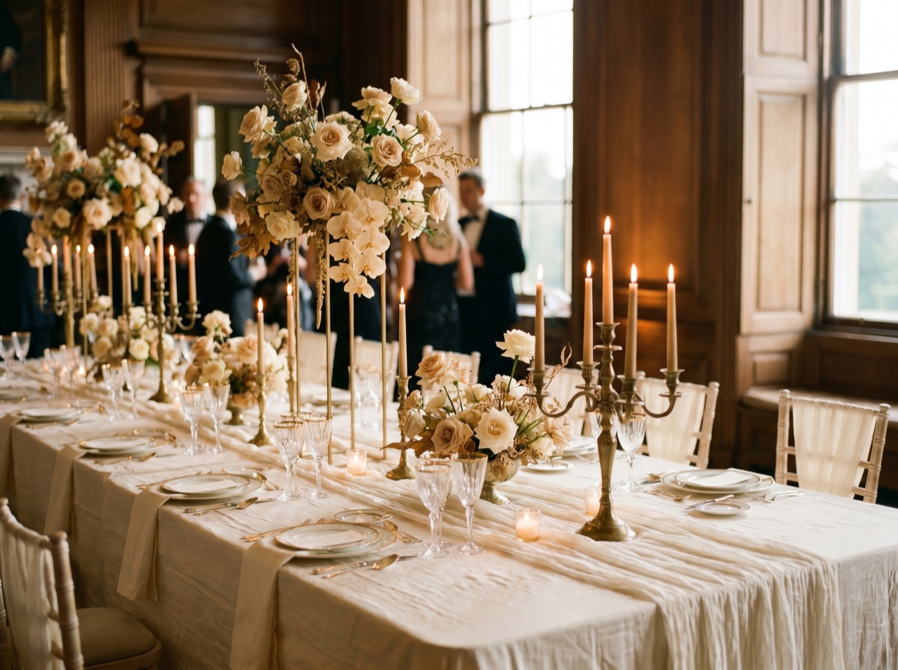 A formal table set in low golden light for an evening toast