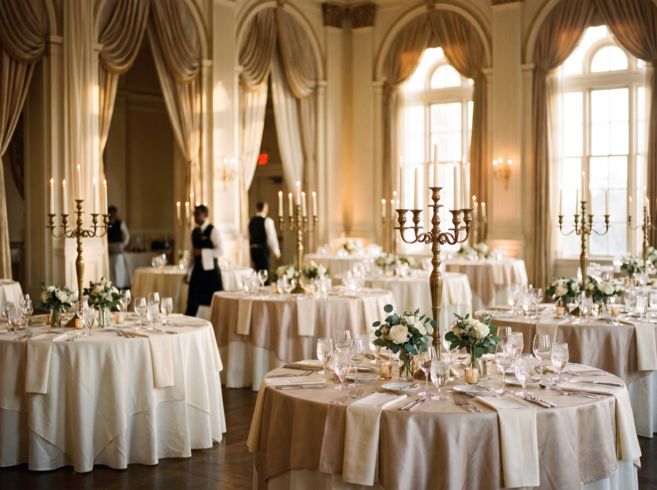A candlelit ballroom dressed for a formal evening