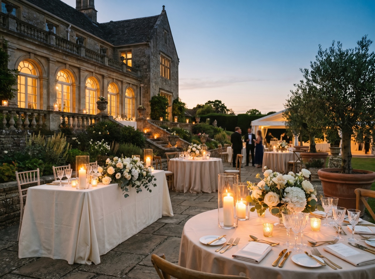 A gala venue exterior glowing at dusk
