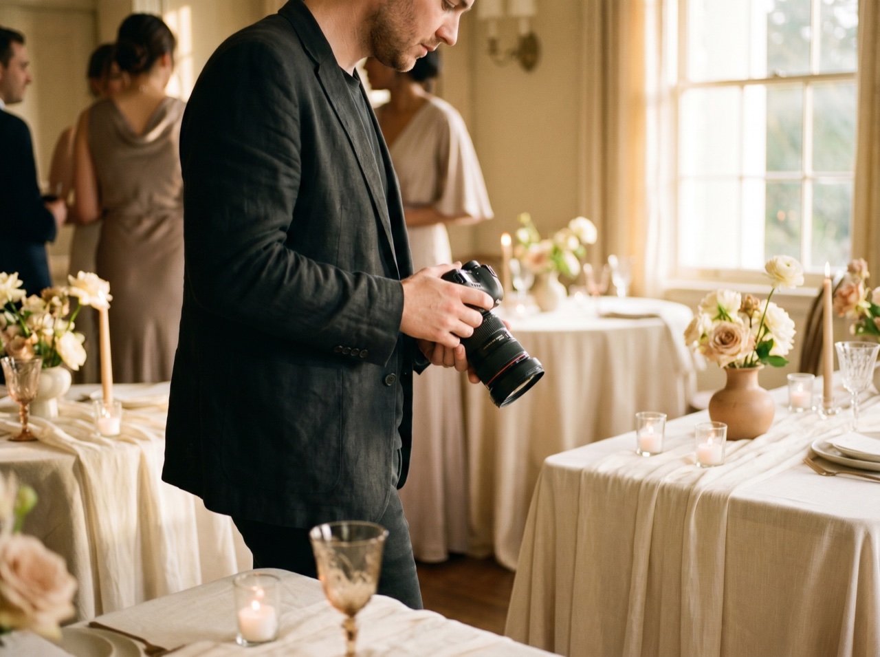 A photographer working a room in available light