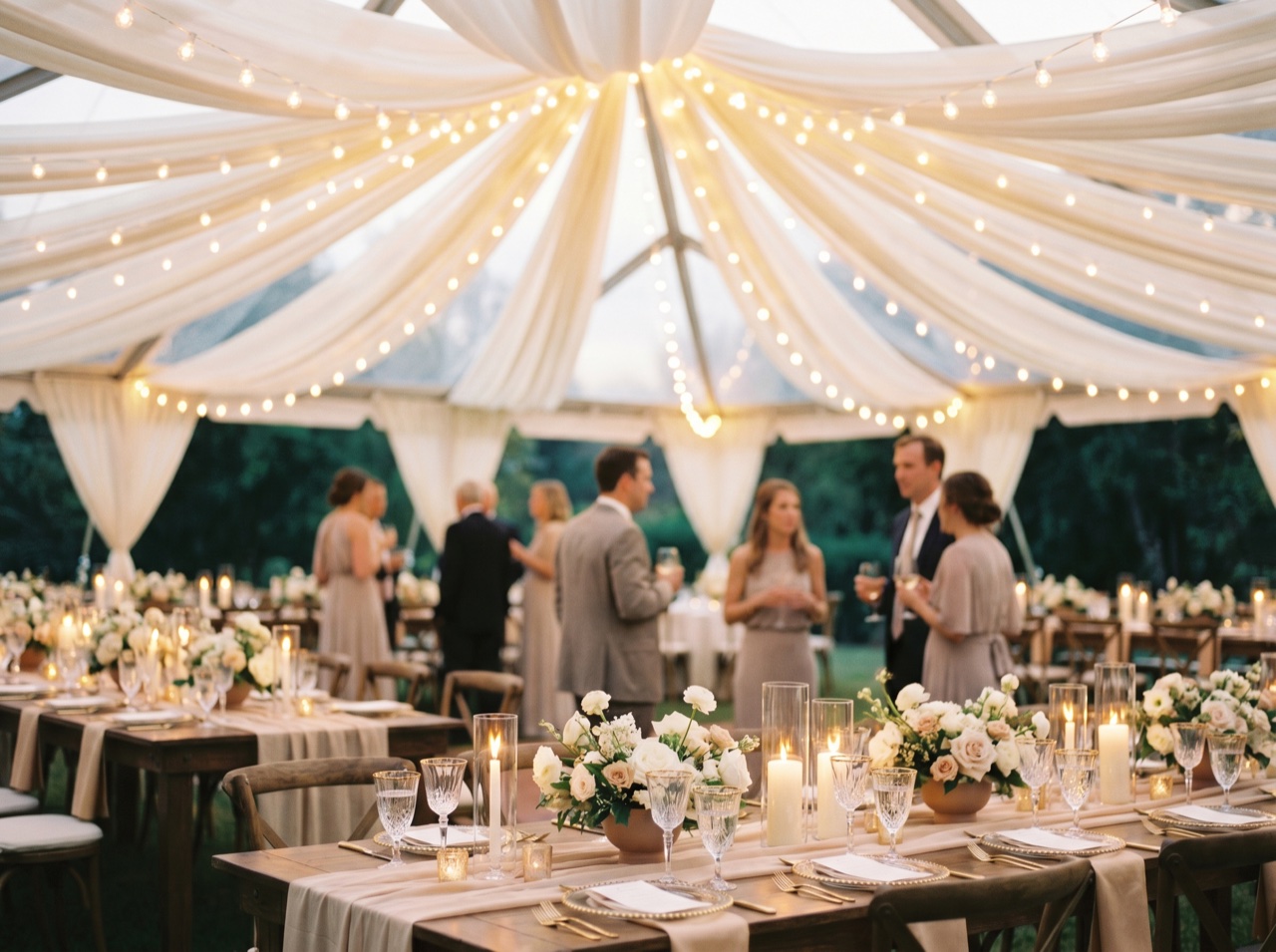 A glowing event venue captured at dusk