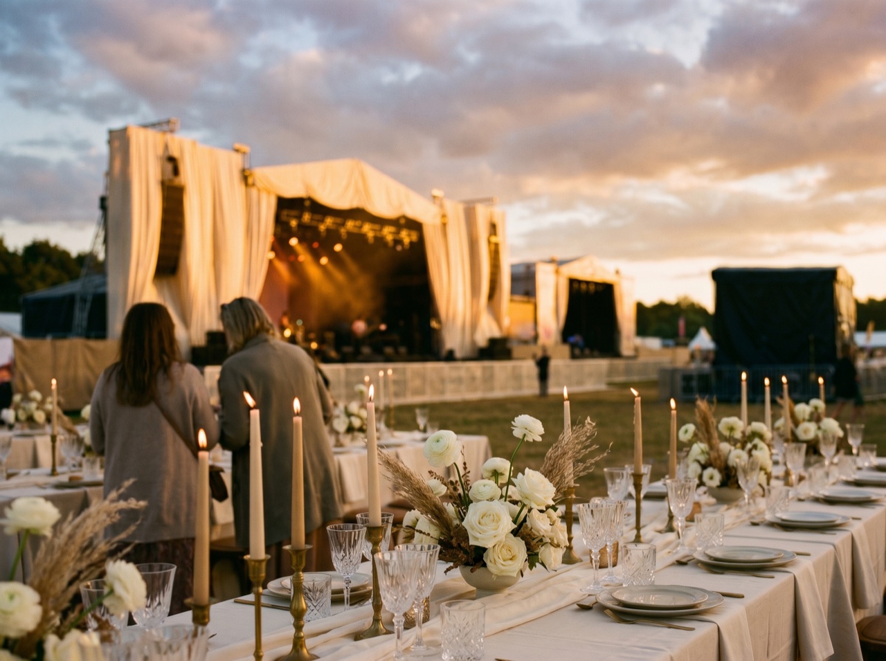 A festival site at golden hour as the crowd gathers