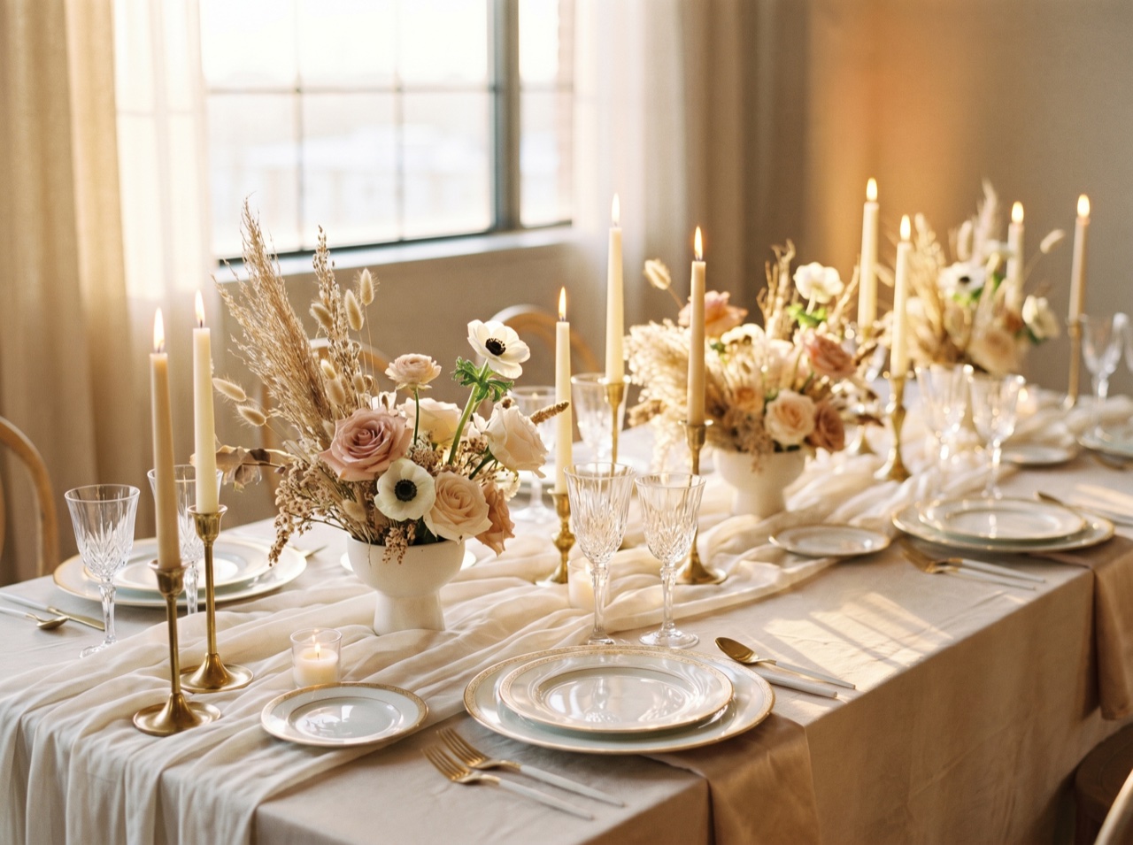 A styled event tablescape captured in warm editorial light