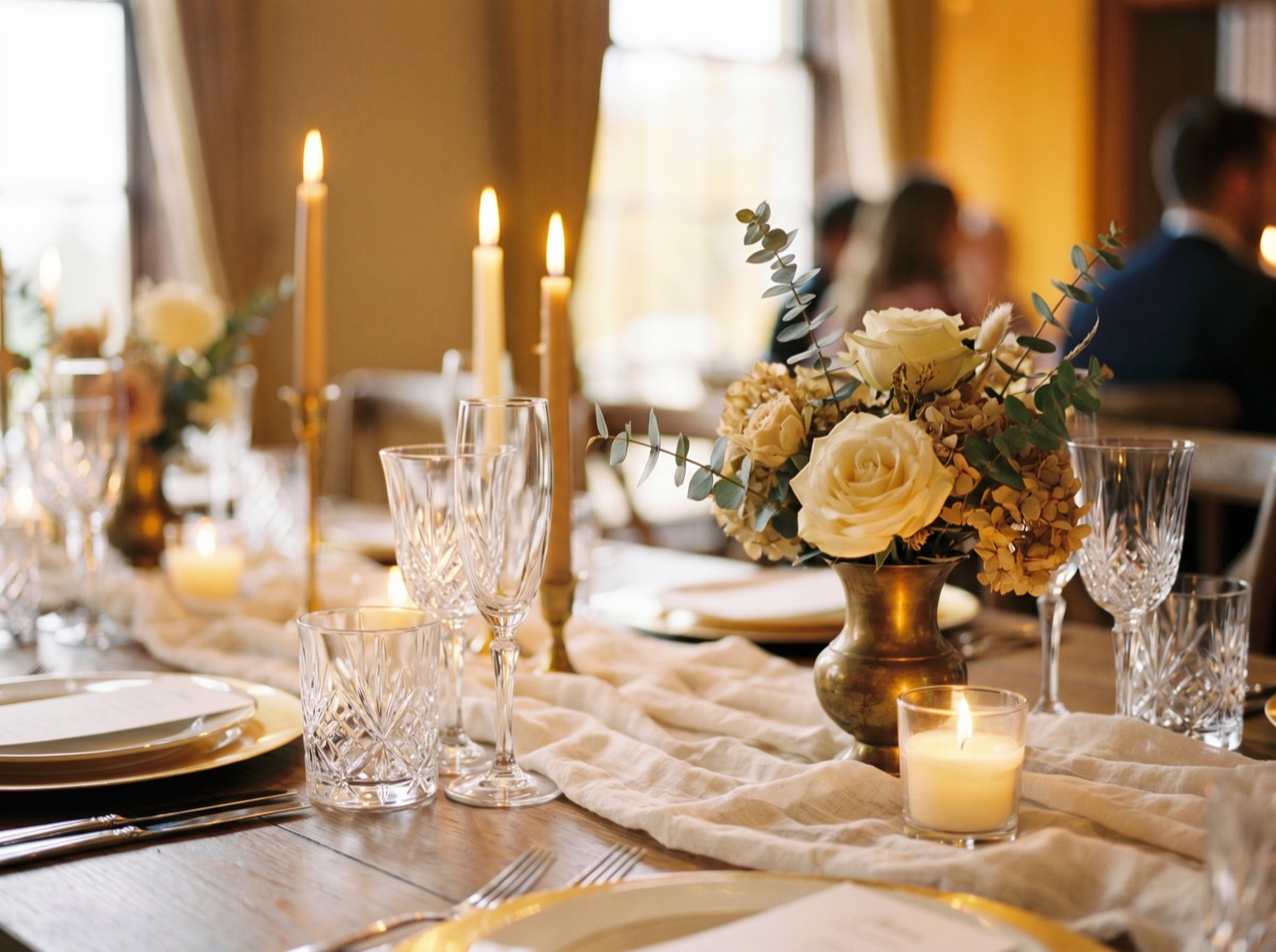 Floral and candlelight detail from a styled event setting
