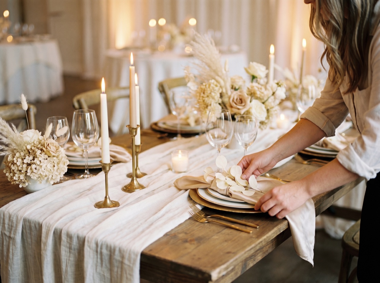 A planner's hands arranging details on an event table