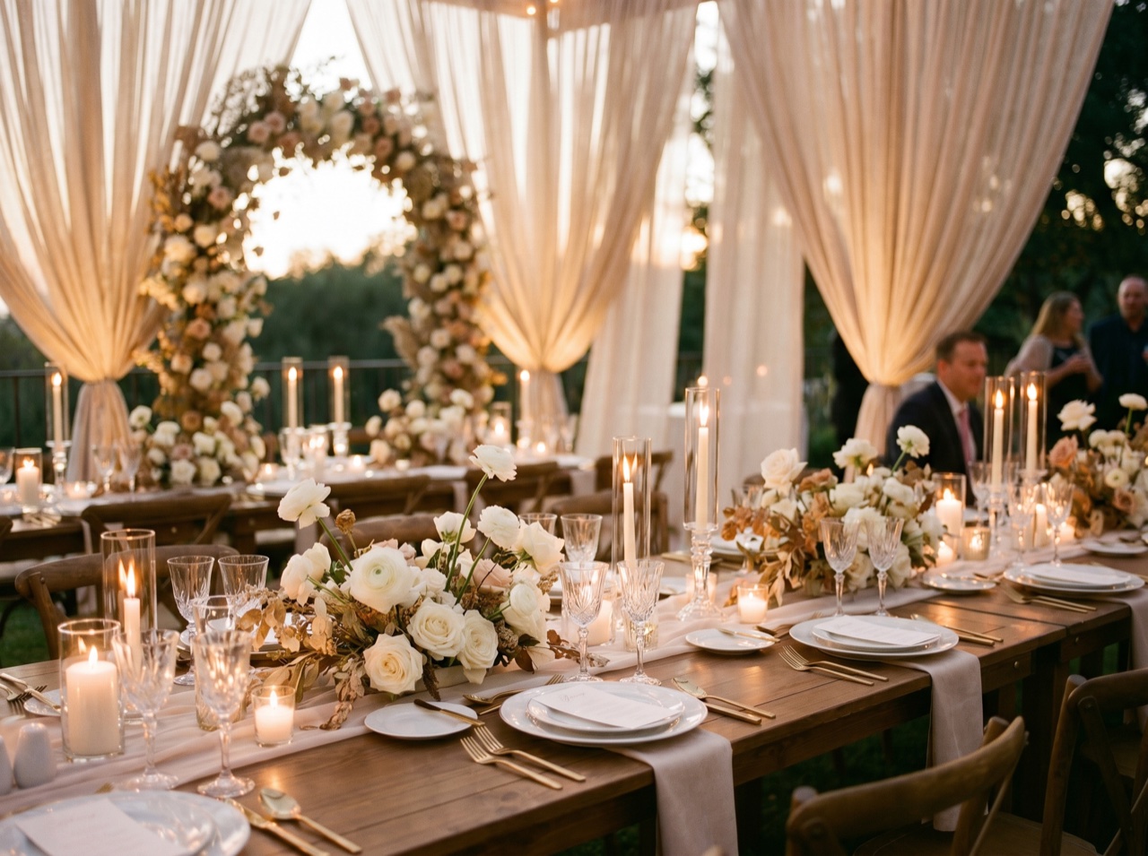 An event space styled and lit at dusk by a planner