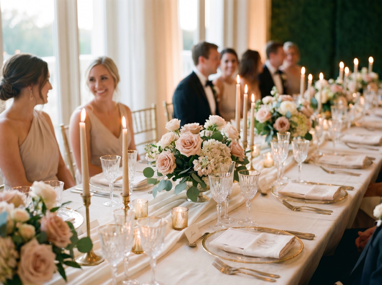 A long table set in warm candlelight with soft florals