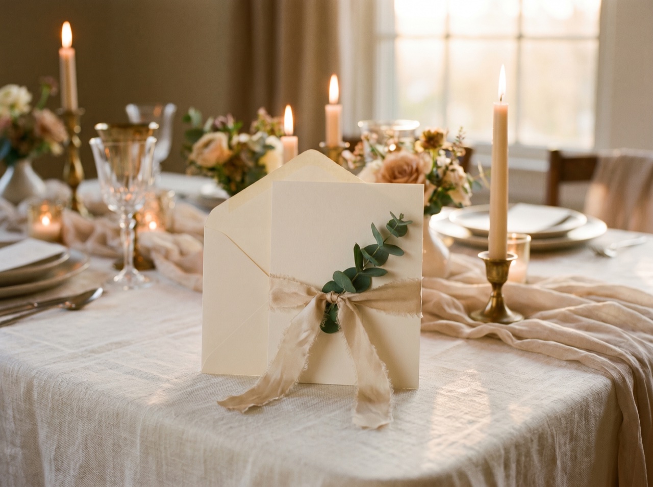 An elegant printed invitation detail in soft candlelight