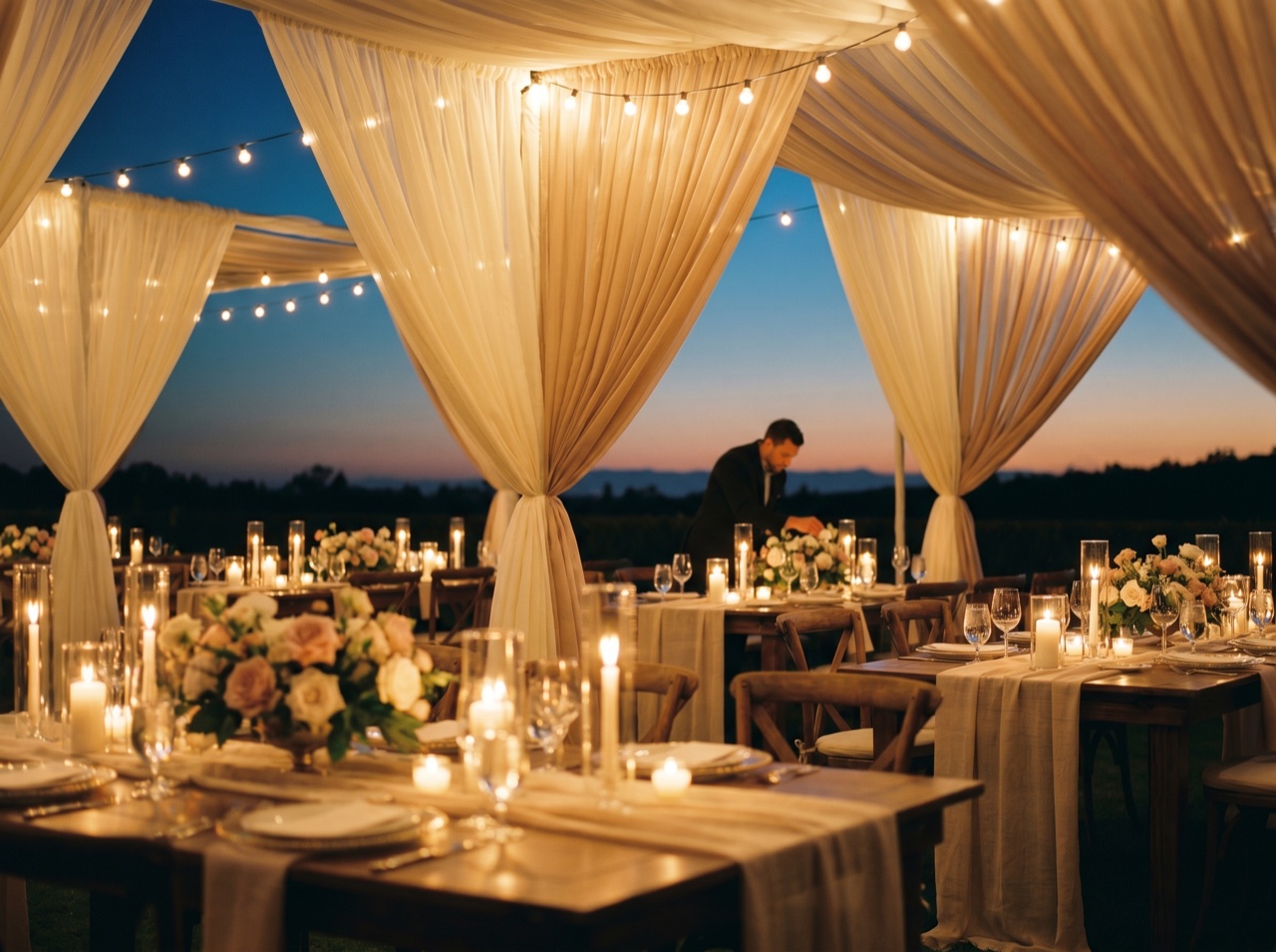 A venue glowing with hanging lights at dusk as guests arrive