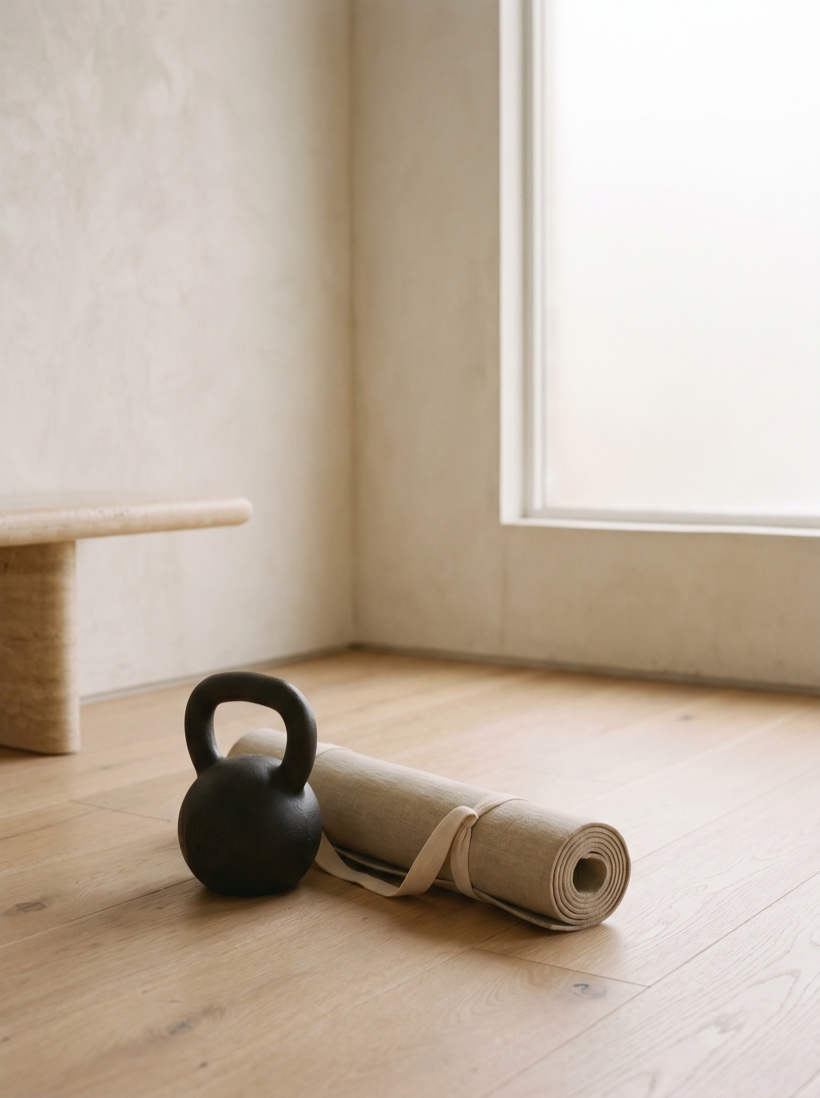 A bright, minimal training space with natural light and a single kettlebell