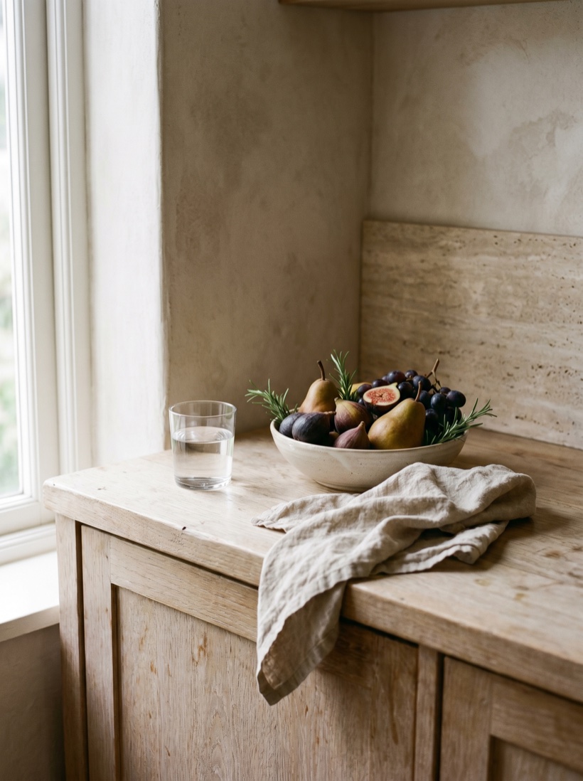 A warm, tactile kitchen counter with fresh produce and linen in soft daylight