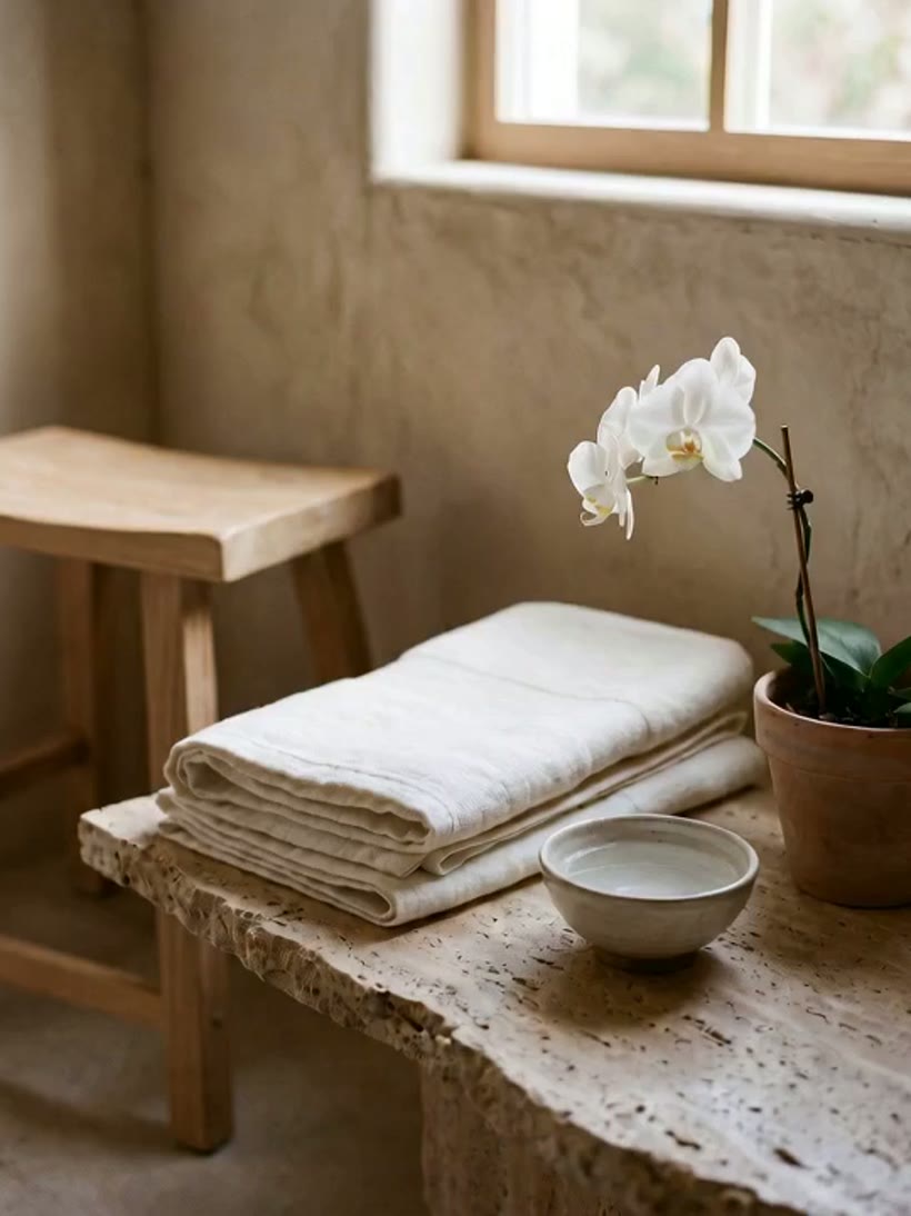 A serene spa still — folded linen, a white orchid swaying softly and water trembling in a stone bowl, soft daylight