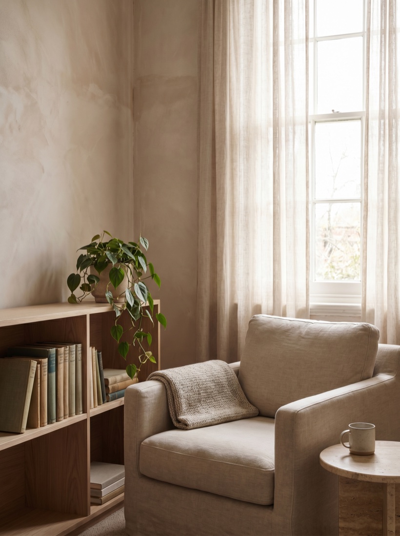 A warm, quiet therapy room with linen, plants, and soft natural light