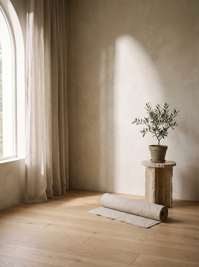 A sunlit movement studio with pale wood floors and a single rolled mat, soft morning light