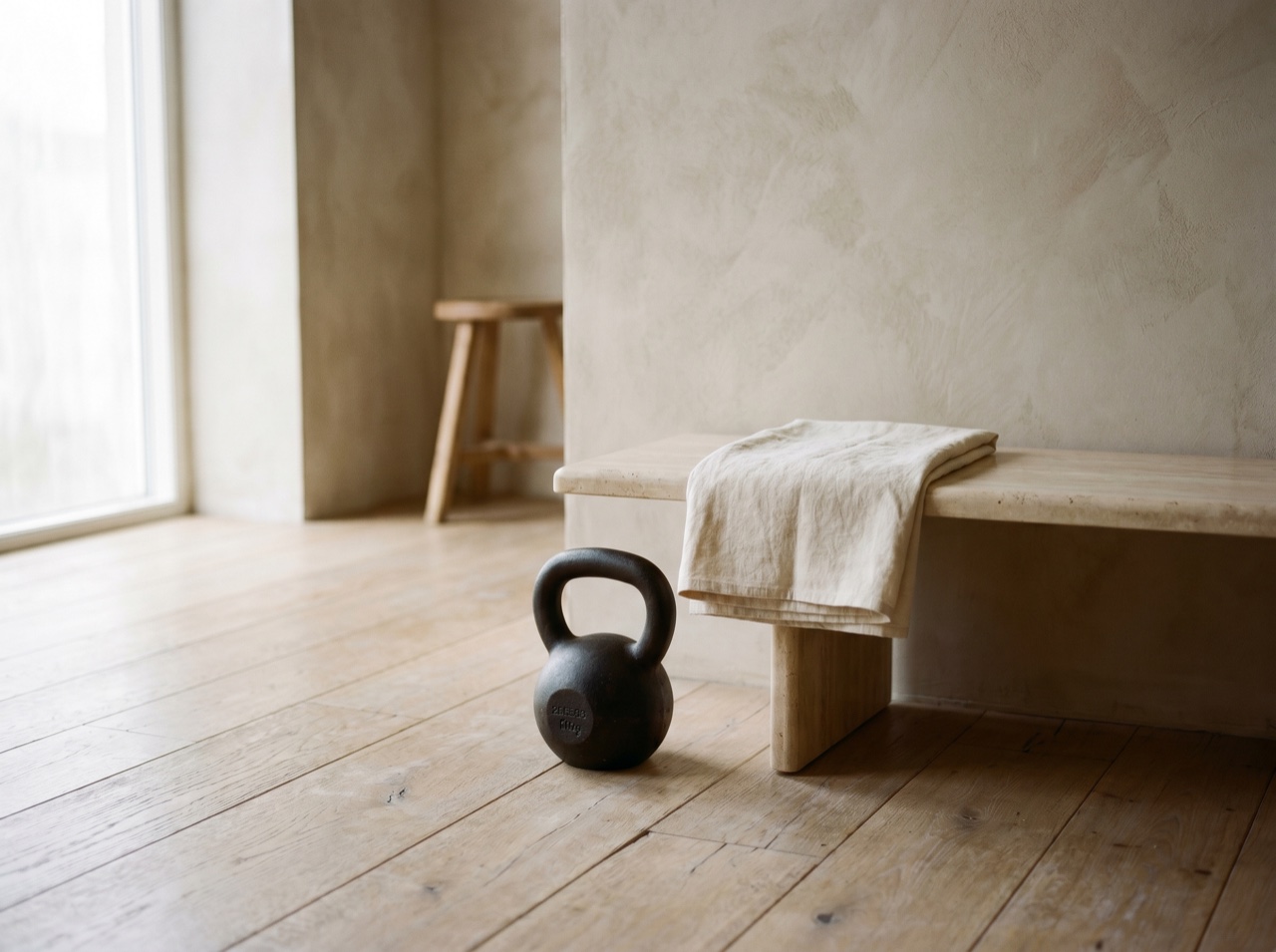 A minimal training corner with natural light and clean lines