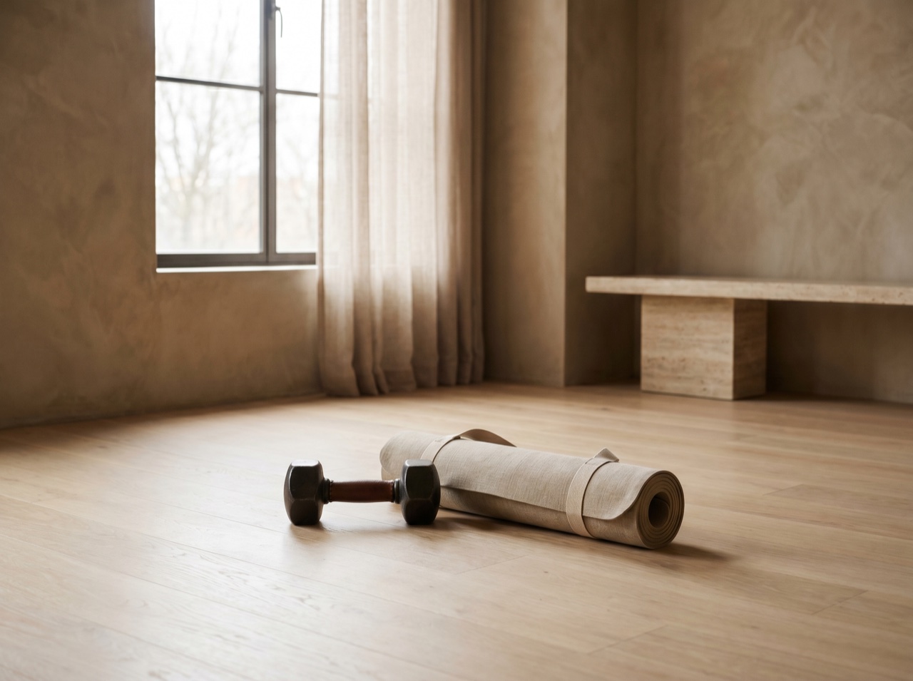 Soft light across a clean training floor and a single weight
