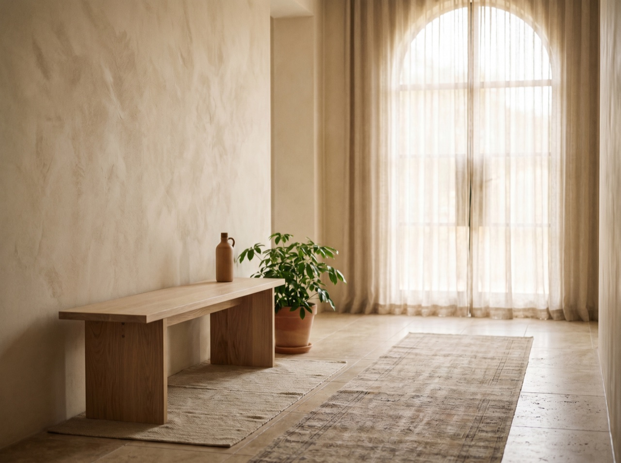 A bright studio entrance with plants and warm wood