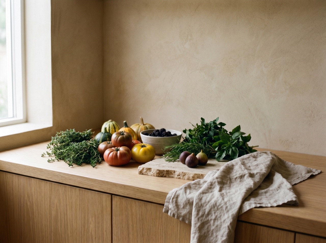 Fresh produce and linen on a warm wooden counter