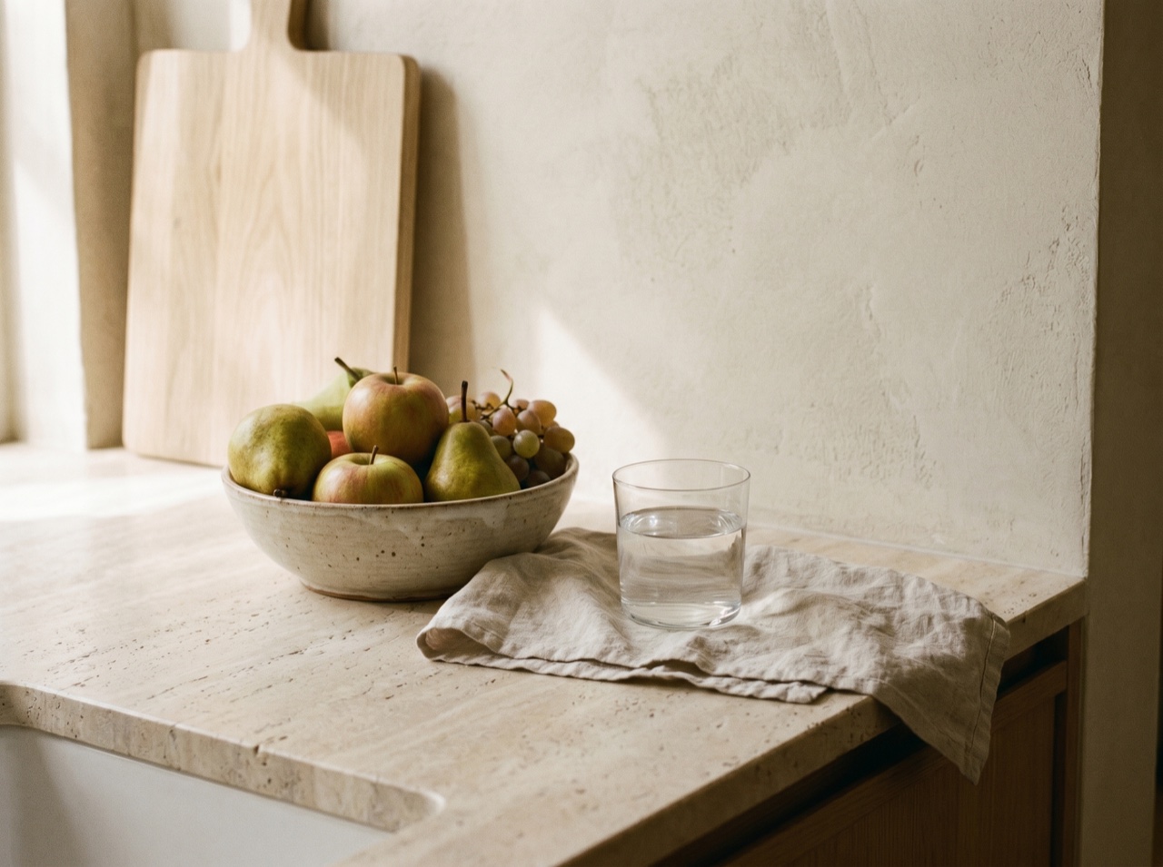 Soft daylight across a bowl of fruit and a glass of water