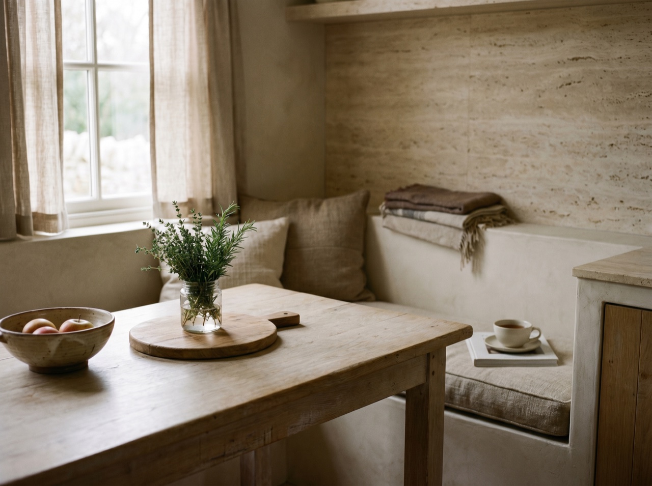 A calm kitchen nook with herbs and warm light