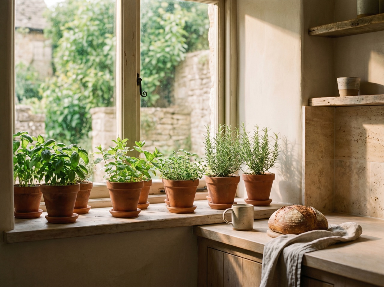 A sunlit kitchen window framed by herbs and greenery