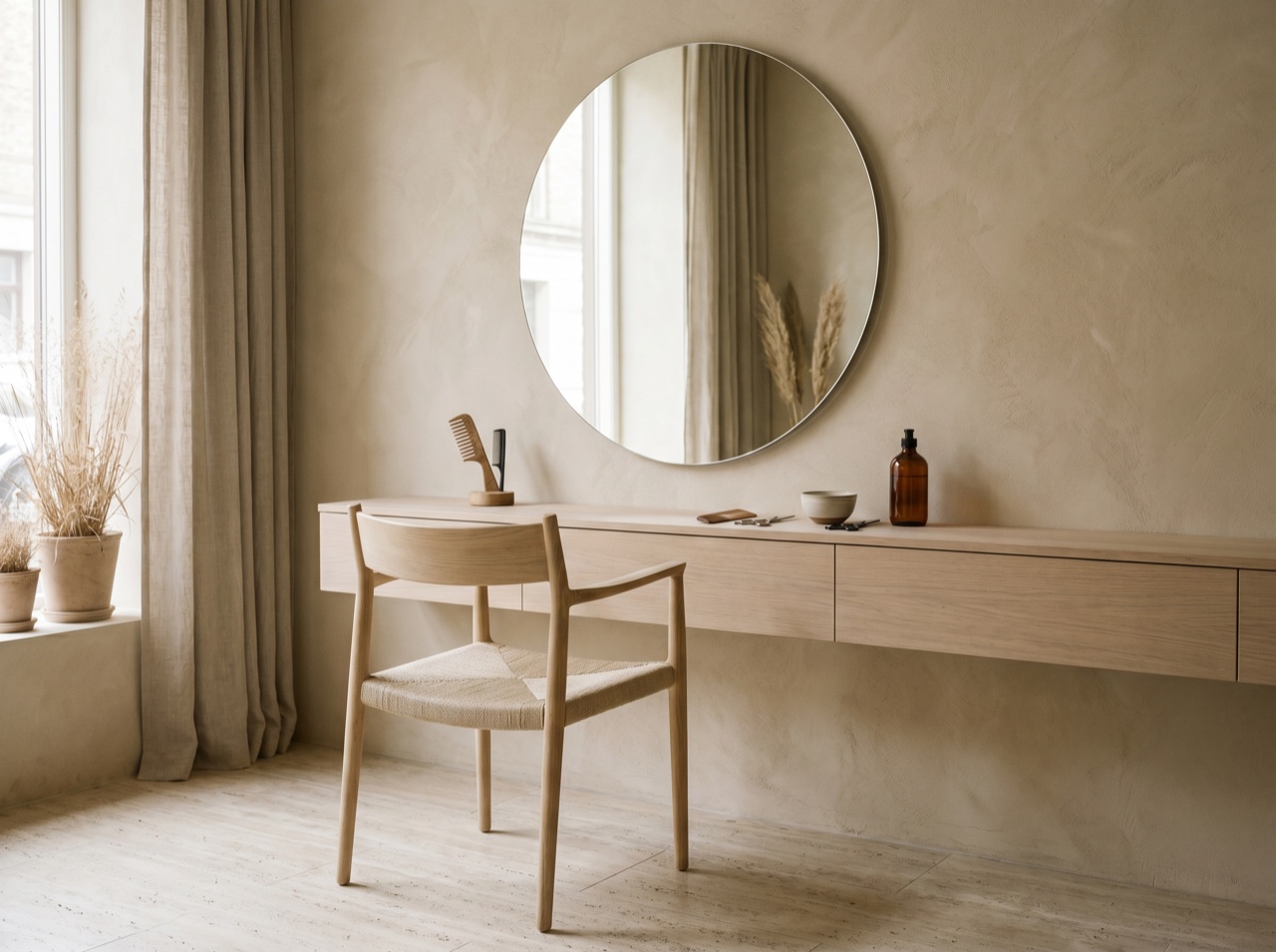A styling station with considered detail in soft light