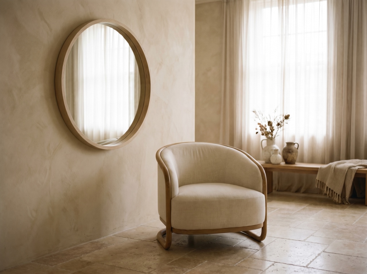 Soft light across a salon mirror and a single chair