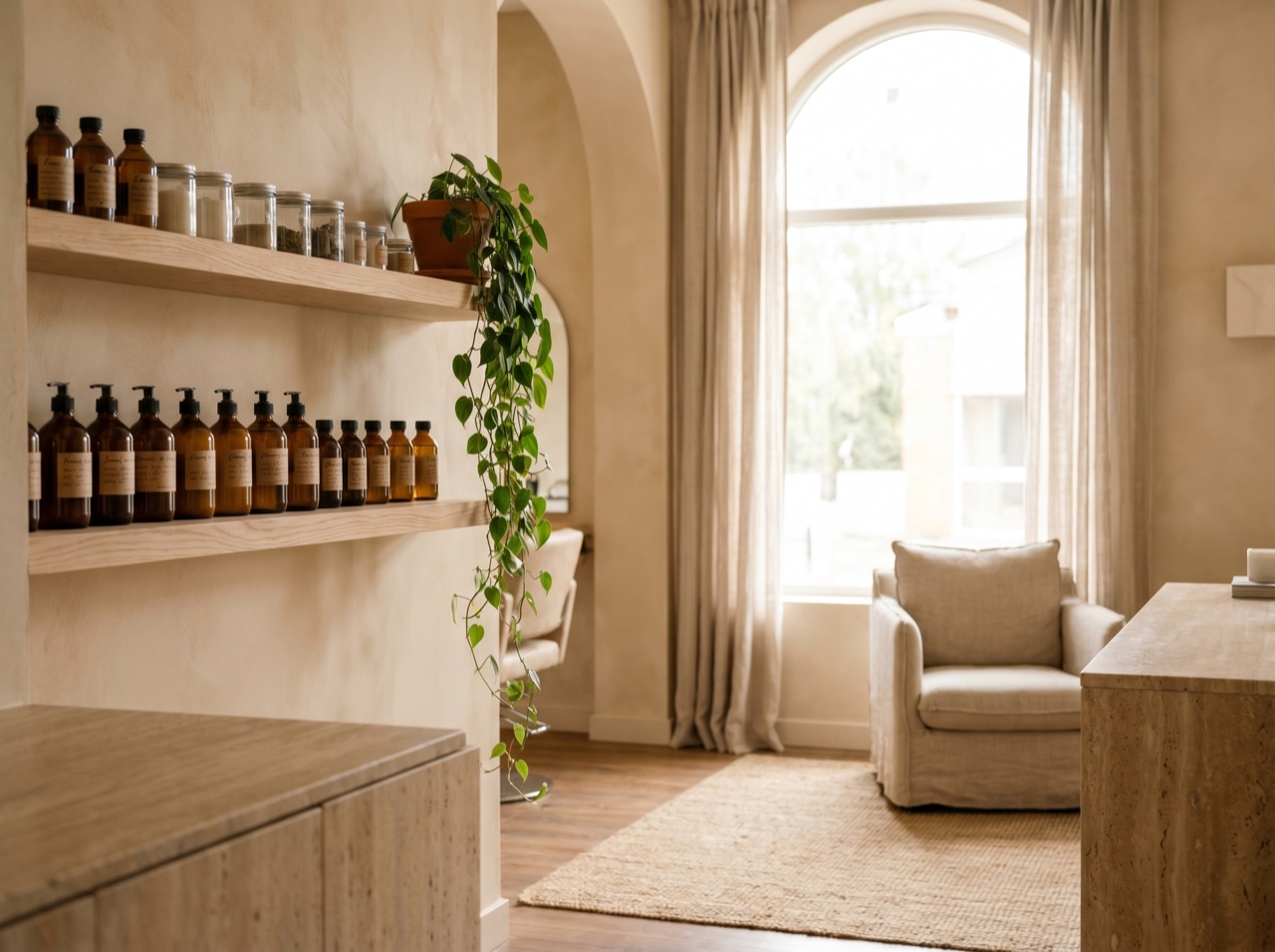 A bright salon corner with plants and warm wood