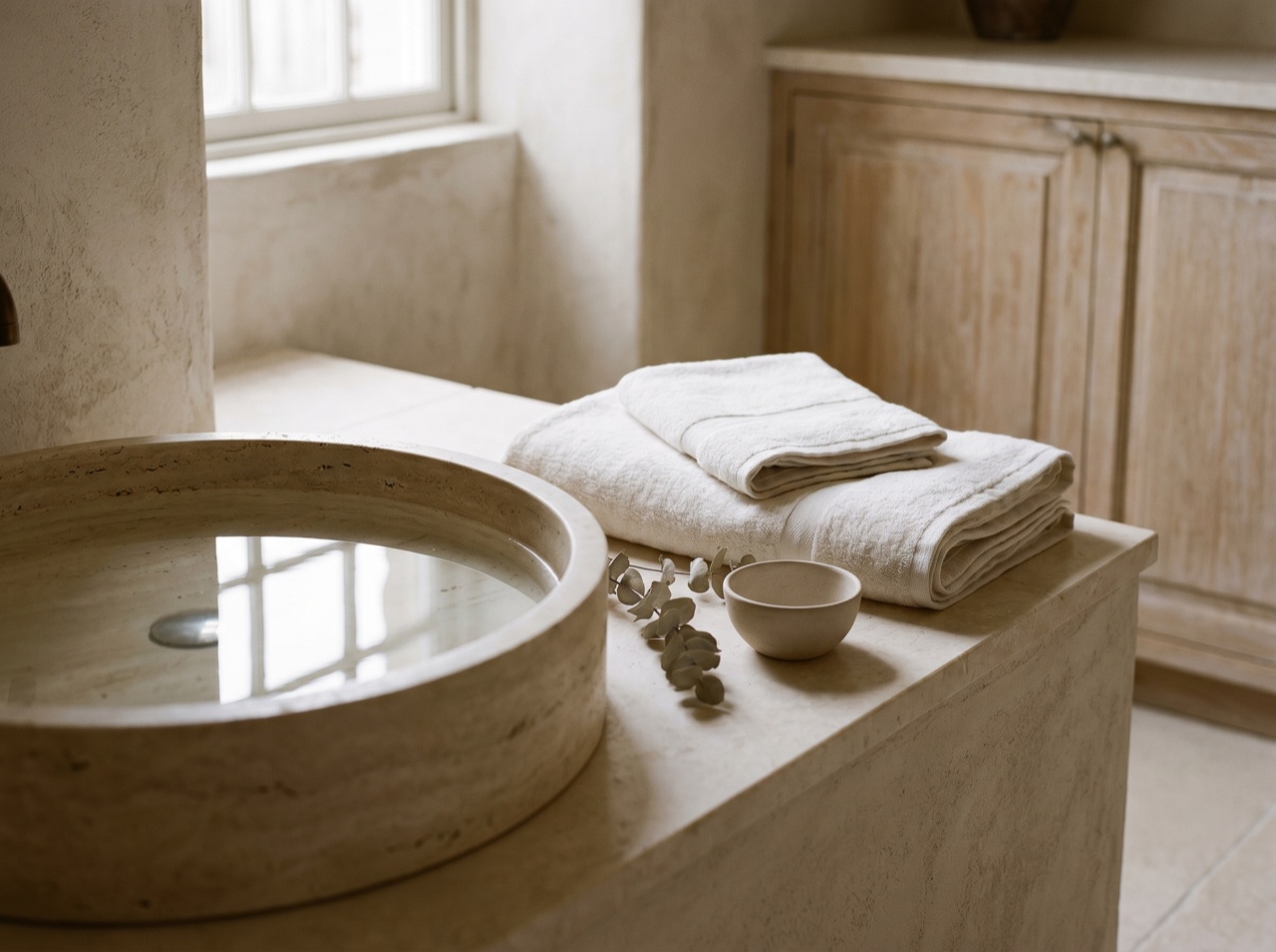 A spa basin with folded towels and soft daylight