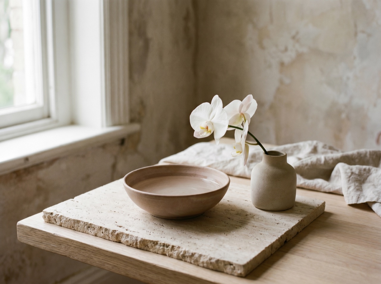 Soft light across stone and a single orchid