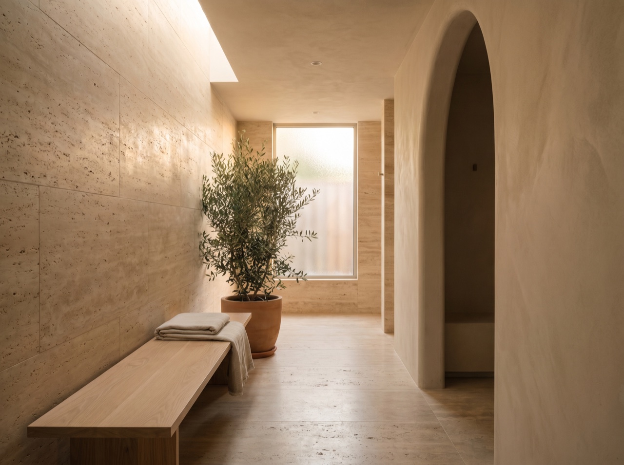 A calm spa corridor lit by warm directional light