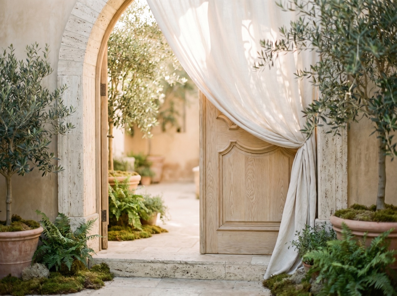 A serene spa entrance framed by greenery and stone