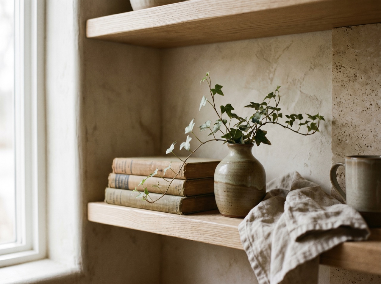 A quiet shelf of books and a plant in soft light