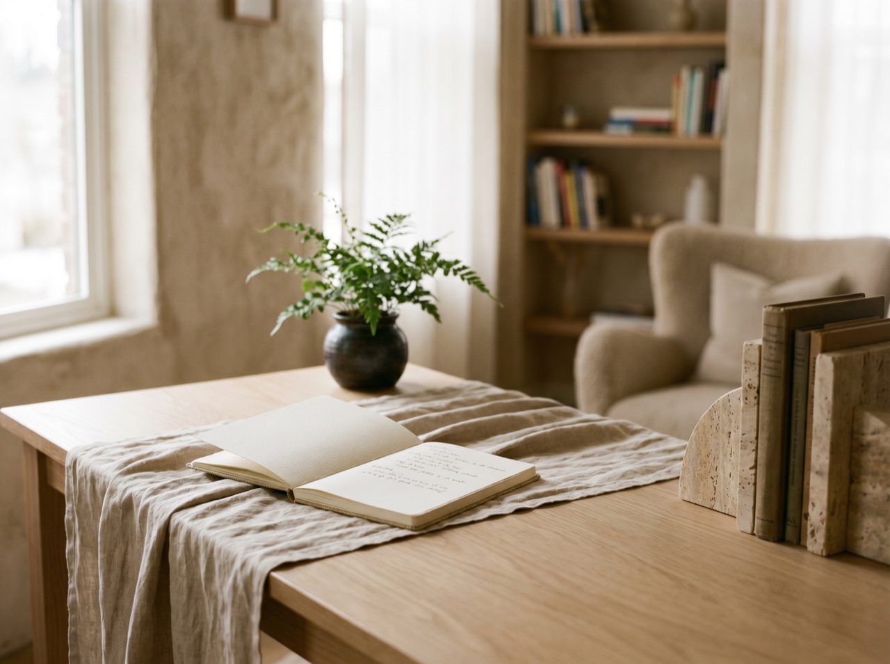 A calm desk corner with linen and a single plant