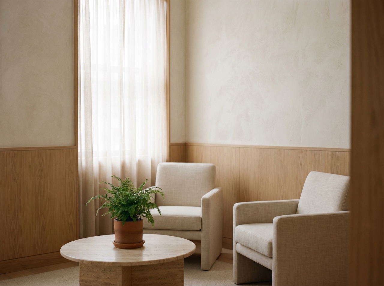 A softly lit waiting nook with plants and warm wood