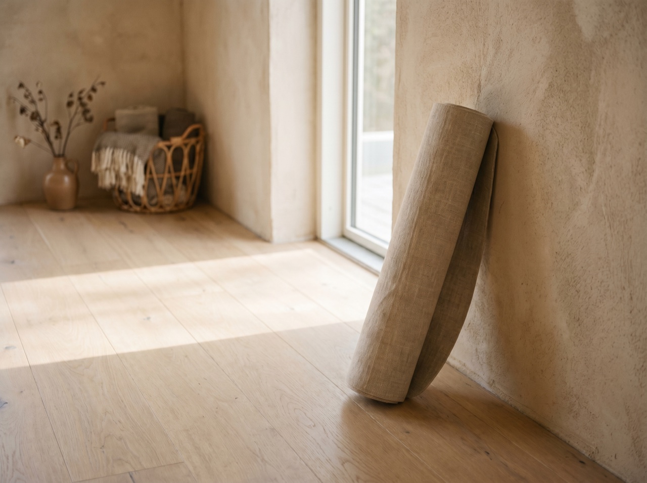 A quiet studio corner with a rolled mat and soft shadow