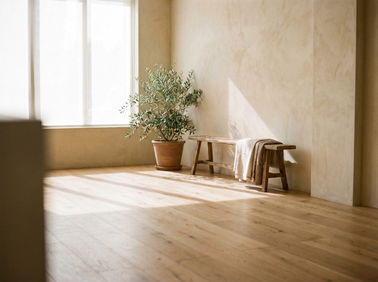 Soft morning light across a wooden studio floor