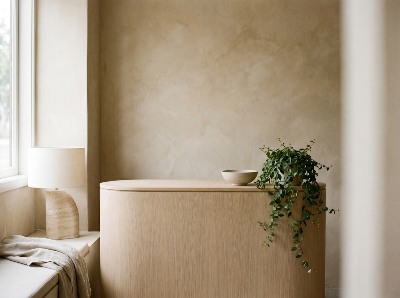 A calm reception nook with plants and natural light