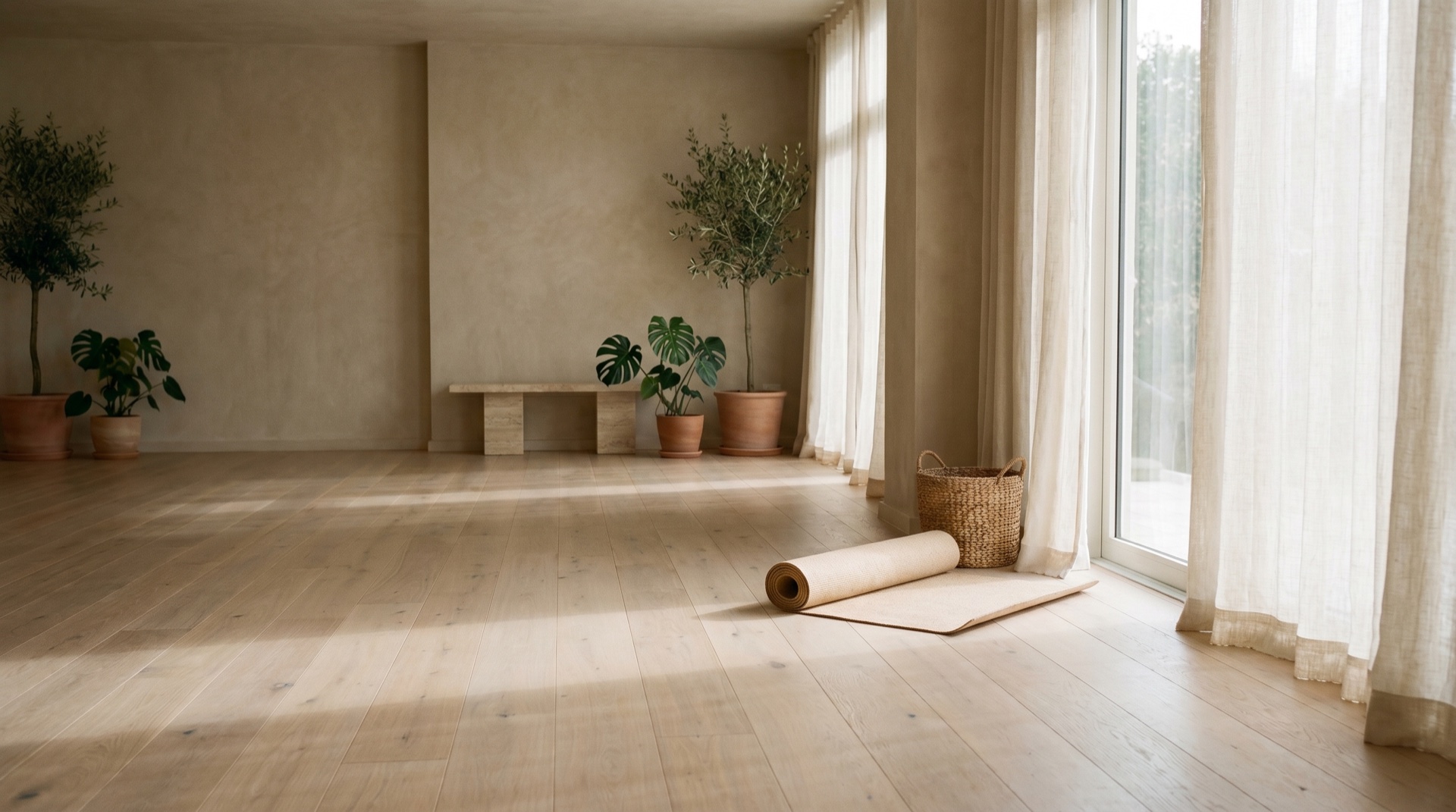 A sunlit movement studio with pale wood floors and soft shadow