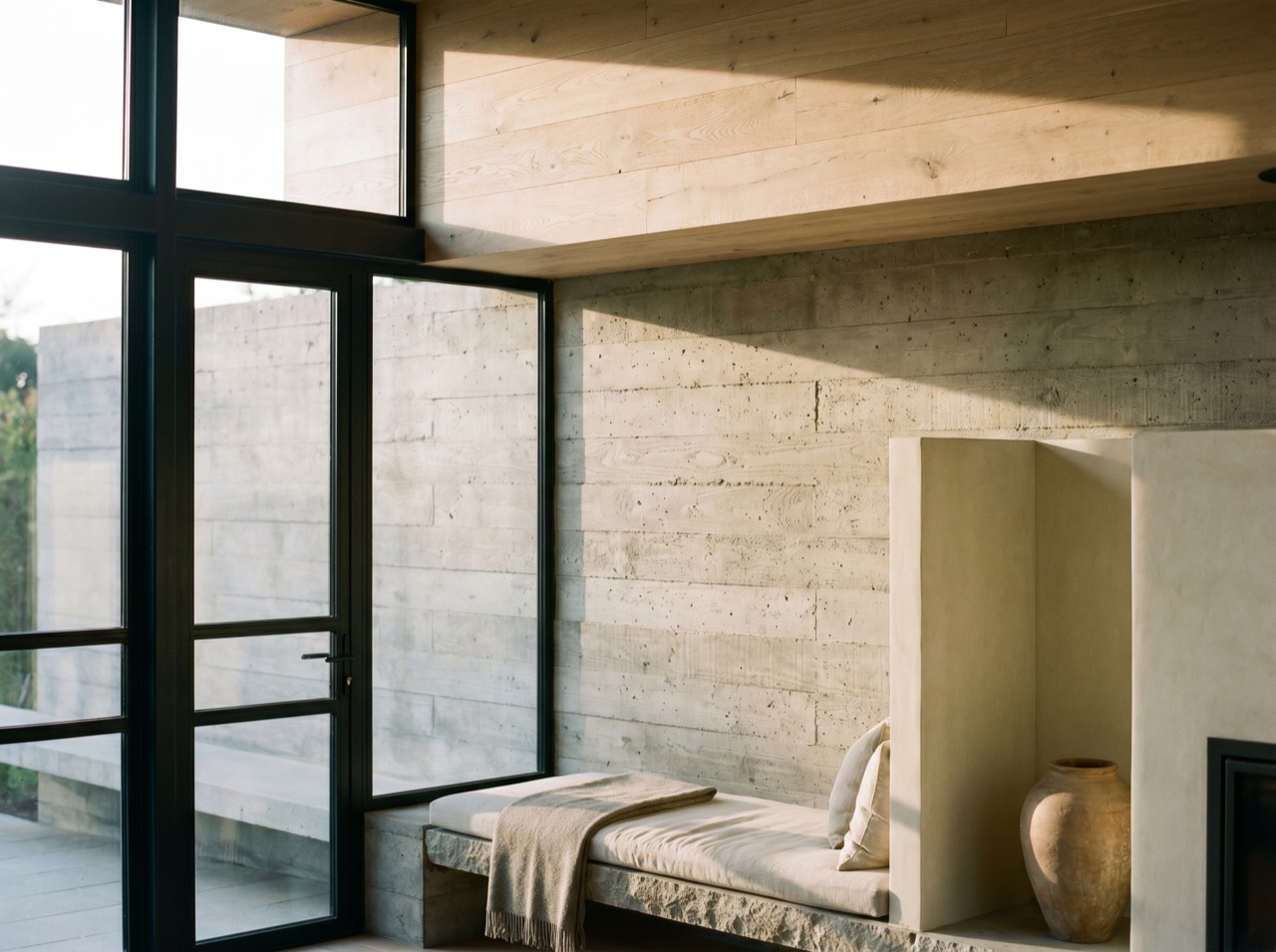 Daylight across a board-formed concrete wall and timber soffit