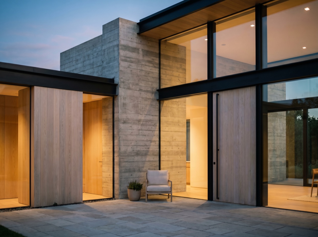 A finished architectural facade glowing at dusk