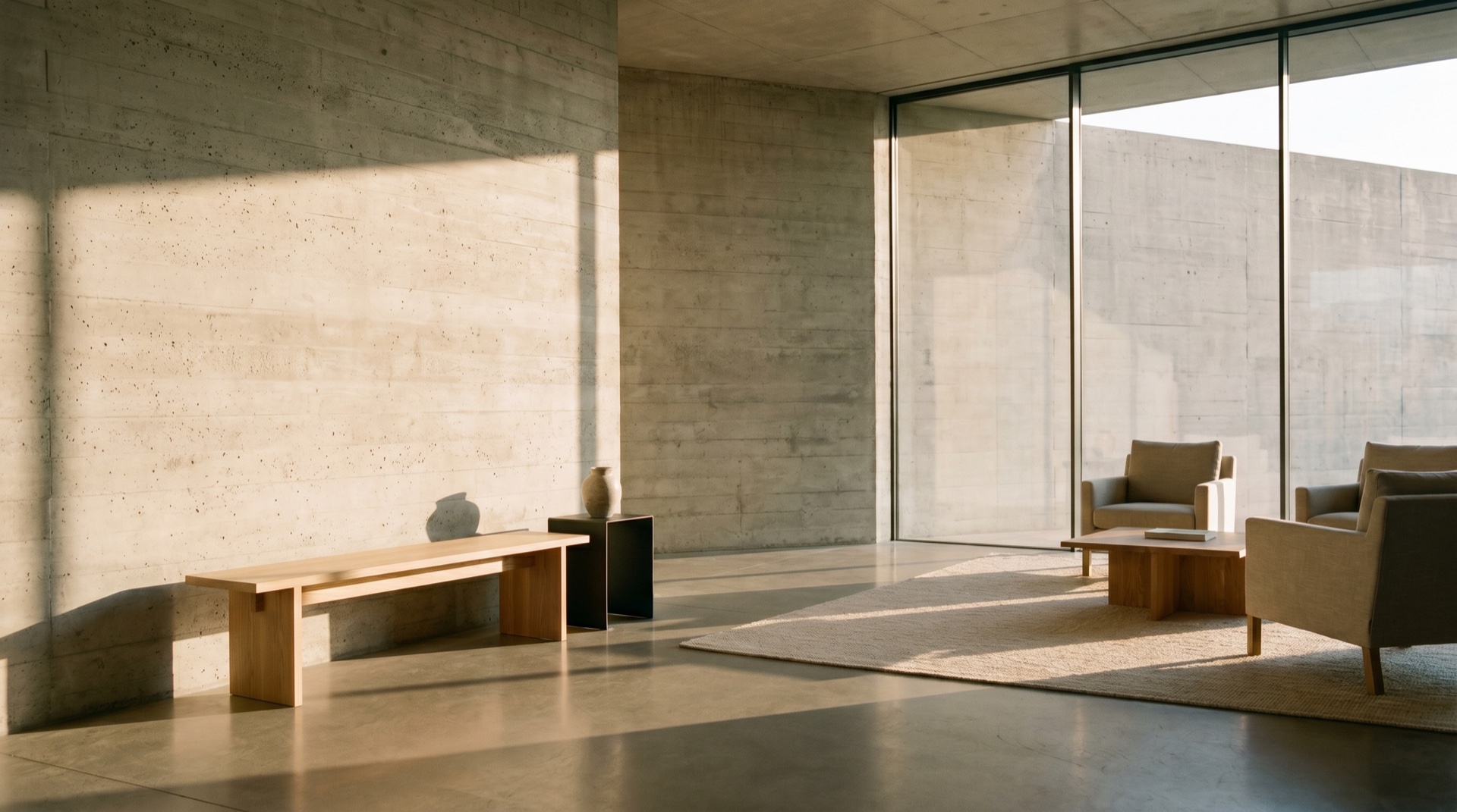 A board-formed concrete interior with a single sweep of glass and raking daylight