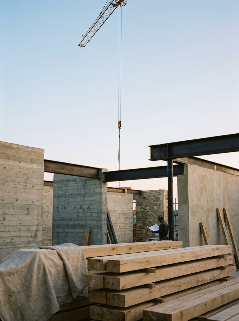 A construction site at first light — steel and concrete, a crane against a clear sky, raw materials stacked and ready