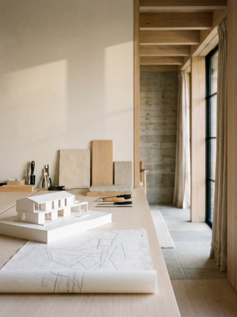 A blueprint resolving into a finished interior — drawing, material, and built space layered in one cinematic frame