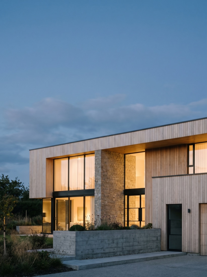 A handsome new-build home at dusk — clean timber and stone, warm interior light spilling out across a finished facade