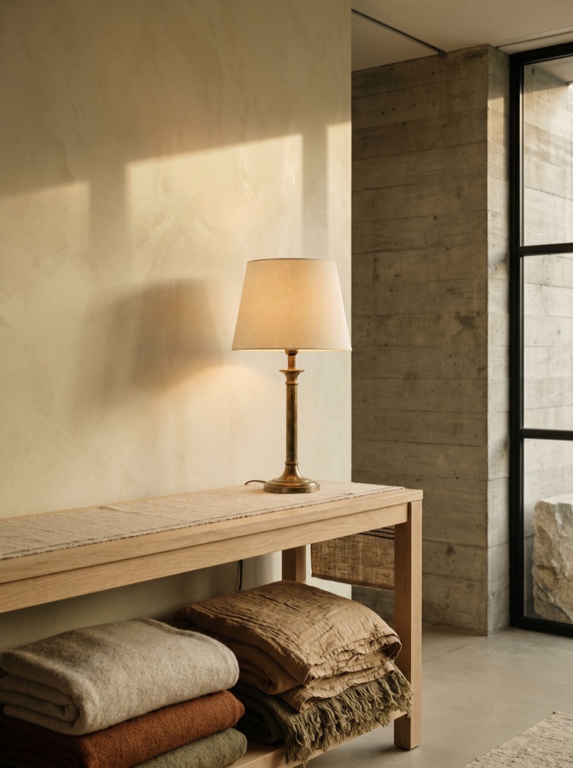 A warm, considered interior — layered textiles, oak and brass, soft afternoon light across a styled living room